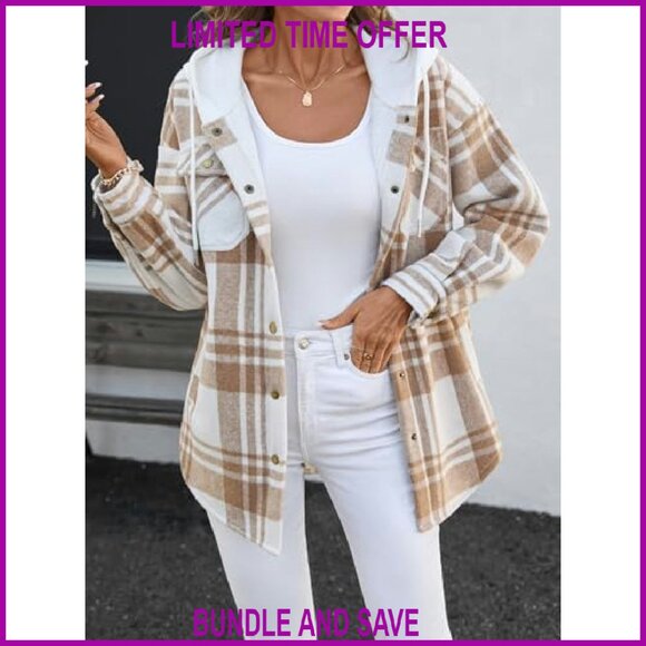 Oversized Flannel Shacket Sherpa Lined Hooded Jacket with Pockets - Picture 4 of 8